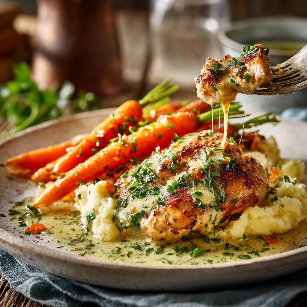Creamy Herb Chicken with Mashed Potatoes and Glazed Carrots